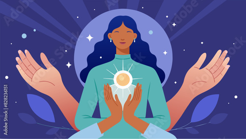 The gentle movements of the Reiki practitioners hands stimulate the flow of energy throughout the clients body promoting a sense of overall wellbeing and harmony.. Vector illustration