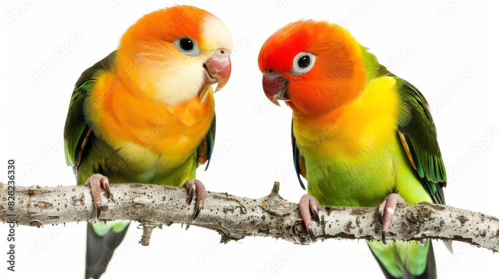 Two Lovebirds Perched On A Branch Looking At Each Other Two Lovebirds Perched On A Branch Looking At Each Other