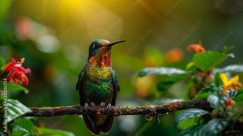 A Stunning Hummingbird Perches On A Branch In The Rainforest. A Stunning Hummingbird Perches On A Branch In The Rainforest.