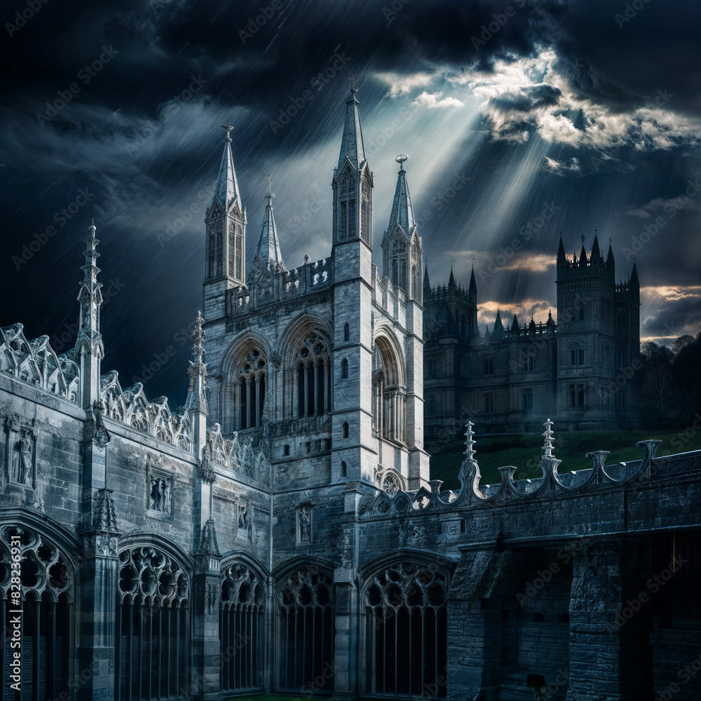 Fototapeta premium a castle with the sun shining through the clouds