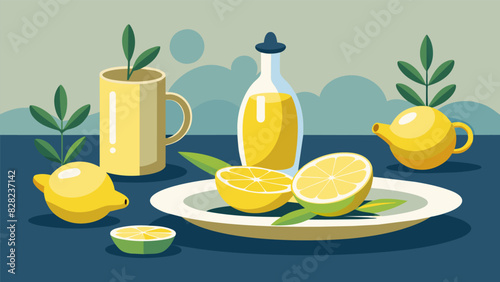Freshly squeezed lemon juice and fragrant olive oil are available for guests to drizzle over their mezze plates adding a burst of flavor.. Vector illustration