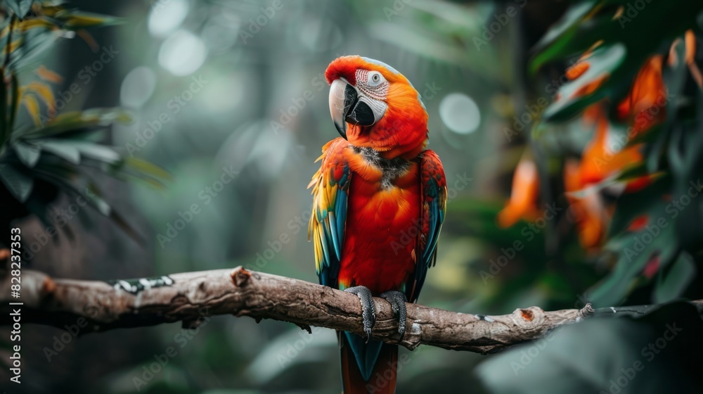 Obraz premium A Brightly Colored Parrot Sits On A Branch In The Jungle.