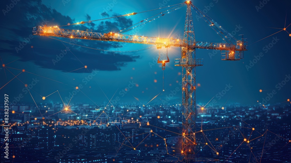 Obraz premium Abstract building process with construction equipment in dark blue background