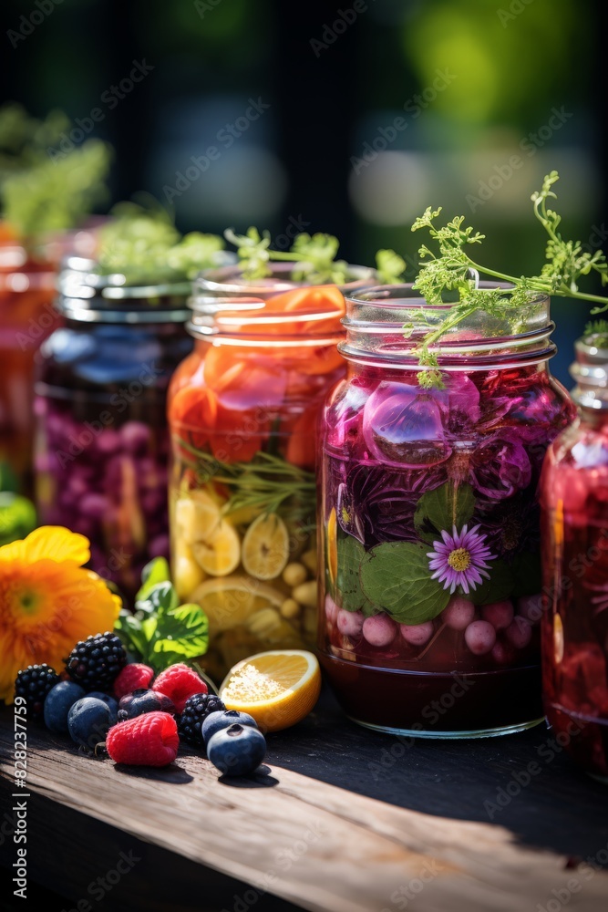 Vibrant Pickled Fruits and Vegetables Display on Wooden Surface Vibrant Pickled Fruits and Vegetables Display on Wooden Surface