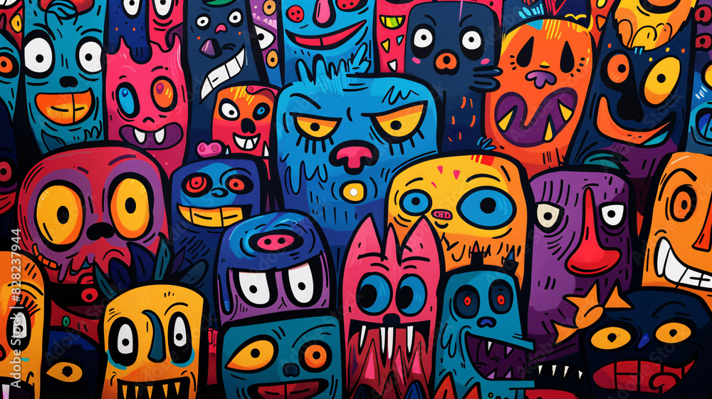 Hand-drawn pattern of funny faces and vibrant colors, perfect for creative backgrounds Hand-drawn pattern of funny faces and vibrant colors, perfect for creative backgrounds