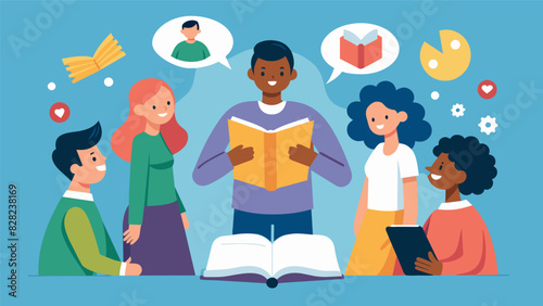 A participant shares a character from a book they deeply relate to and the group discusses ways to apply the characters strengths and struggles in their own lives.. Vector illustration