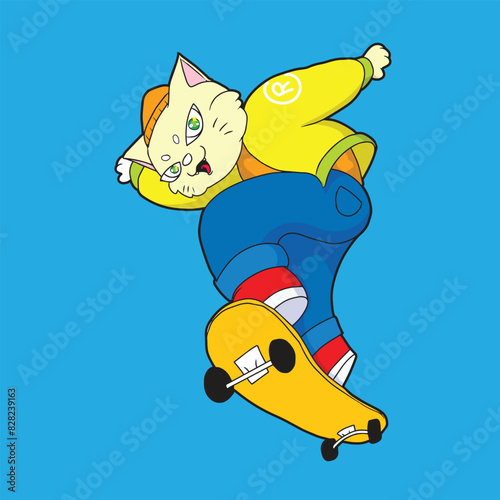 A cat with a yellow hoodie and cloth pants jumps with his skateboard stylishly