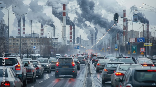 Urban Pollution Crisis, Heavy Traffic and Industrial Smoke in an Environmental Disaster Zone