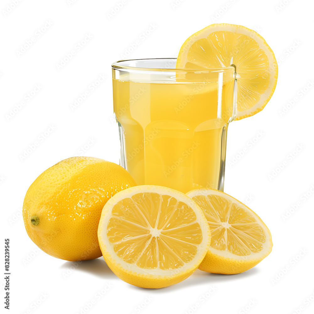 Glass of lemonade or lemon juice and cut fresh lemons isolated on transparent background Glass of lemonade or lemon juice and cut fresh lemons isolated on transparent background