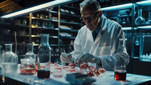 An elderly doctor grows organs for transplants. A man in a lab coat is working on a project. The laboratory is filled with various scientific equipment and chemicals