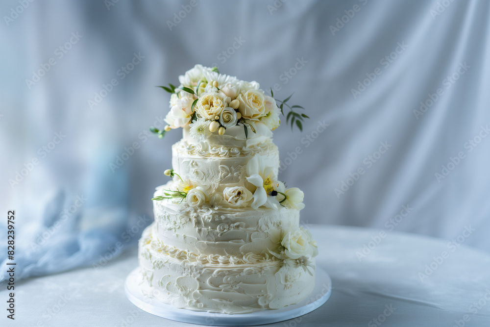 Fototapeta premium Adorned Delicacy: Wedding Cake with White Floral Decor - Clean composition, Ample Negative Space - Adaptable Background Art - classic wedding aesthetics 