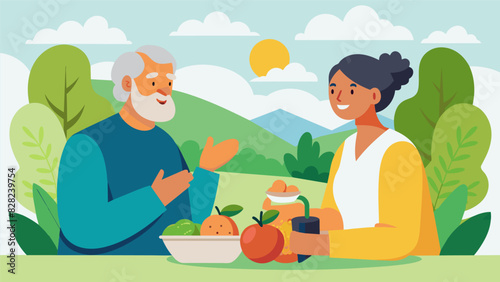 In a peaceful nature setting a nutritionist and her elderly client discuss incorporating seasonally fresh produce into daily meals for a wellrounded and nourishing holistic. Vector illustration