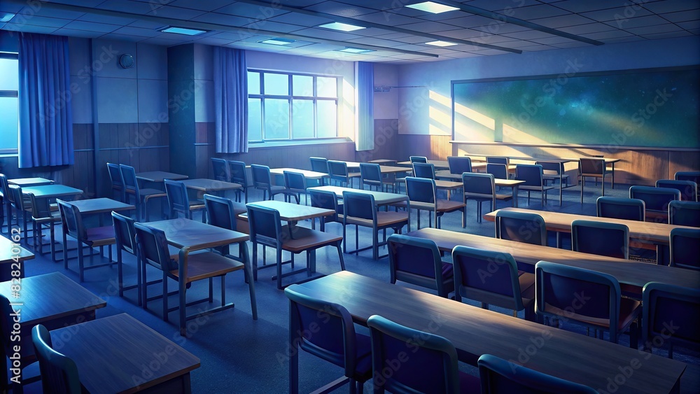 Empty college classroom with professor's desk in focus and chairs neatly arranged in rows
