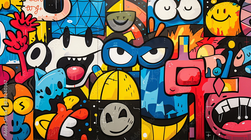 Obraz premium Modern poster featuring a collage of colorful cartoon characters and doodles