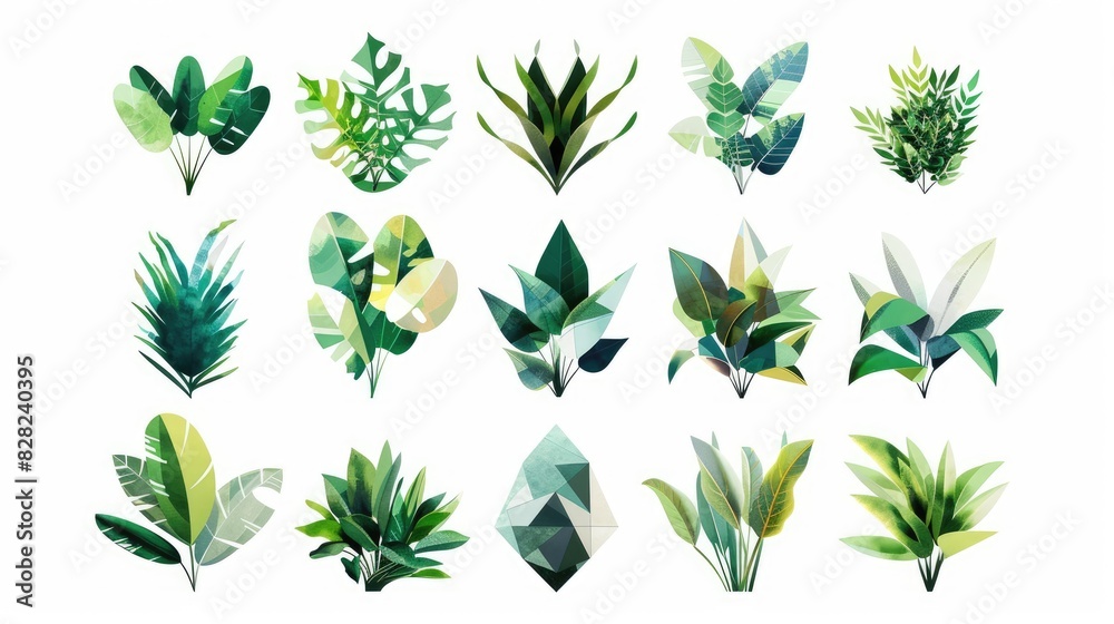 A set of 12 geometric plant icons with abstract designs representing different types of plants, displayed in clean, angular forms on a white background A set of 12 geometric plant icons with abstract designs representing different types of plants, displayed in clean, angular forms on a white background