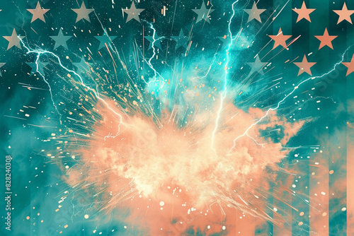 Abstract patriotic scene with teal and peach lightning explosion.