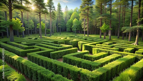 A realistic grass maze in a secluded forest clearing photo