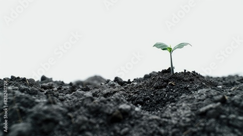 A single seedling breaking through the surface of dark soil, captured in detail against a white background