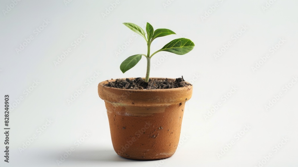 A small pot with a newly sprouted seedling, showcasing the potential for growth and renewal, set against a white background A small pot with a newly sprouted seedling, showcasing the potential for growth and renewal, set against a white background
