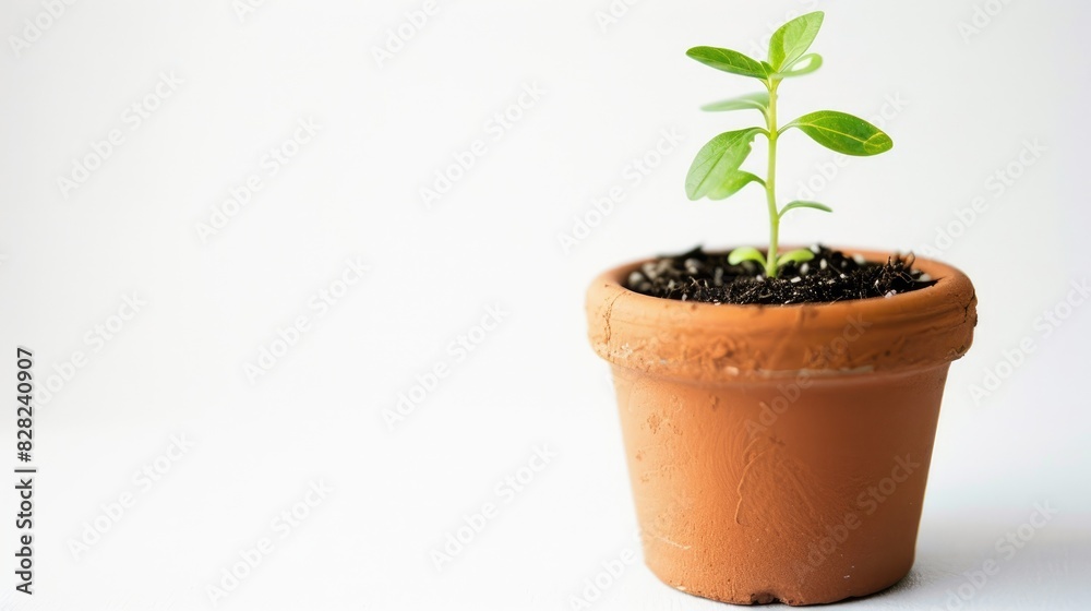 A small pot with a newly sprouted seedling, showcasing the potential for growth and renewal, set against a white background A small pot with a newly sprouted seedling, showcasing the potential for growth and renewal, set against a white background