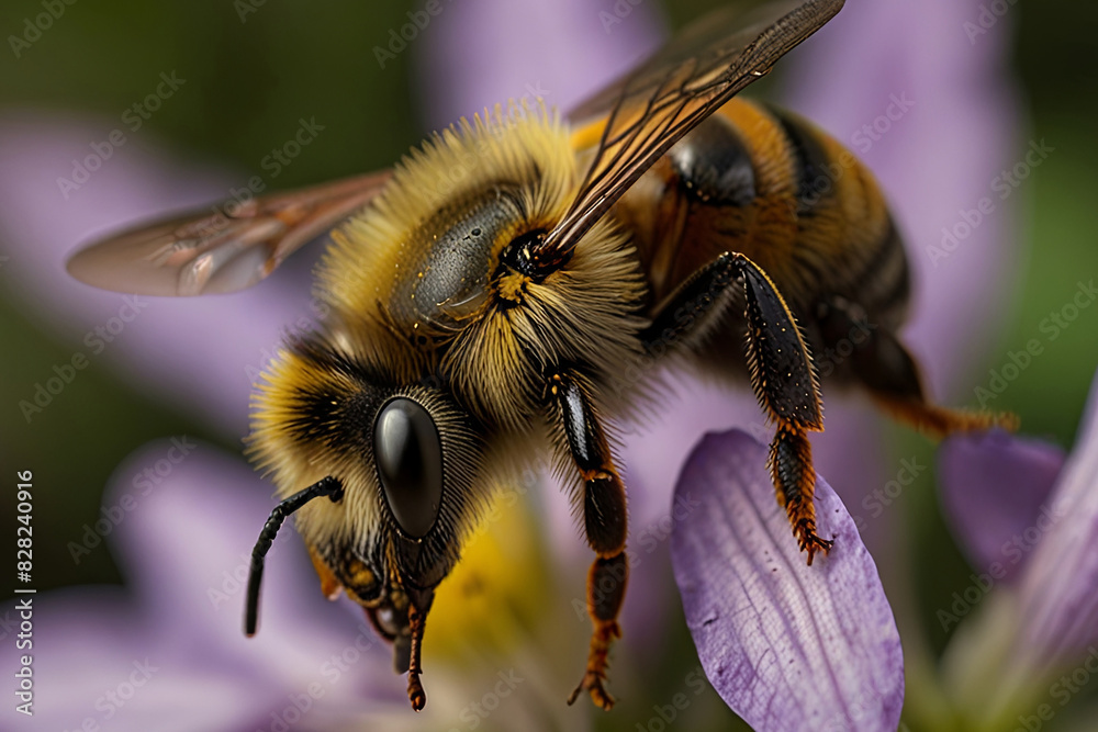 Naklejka premium Macro close-up of a bee, showcasing nature's vital dance. Perfect for themes of pollination, Earth Day, and environmental celebration.