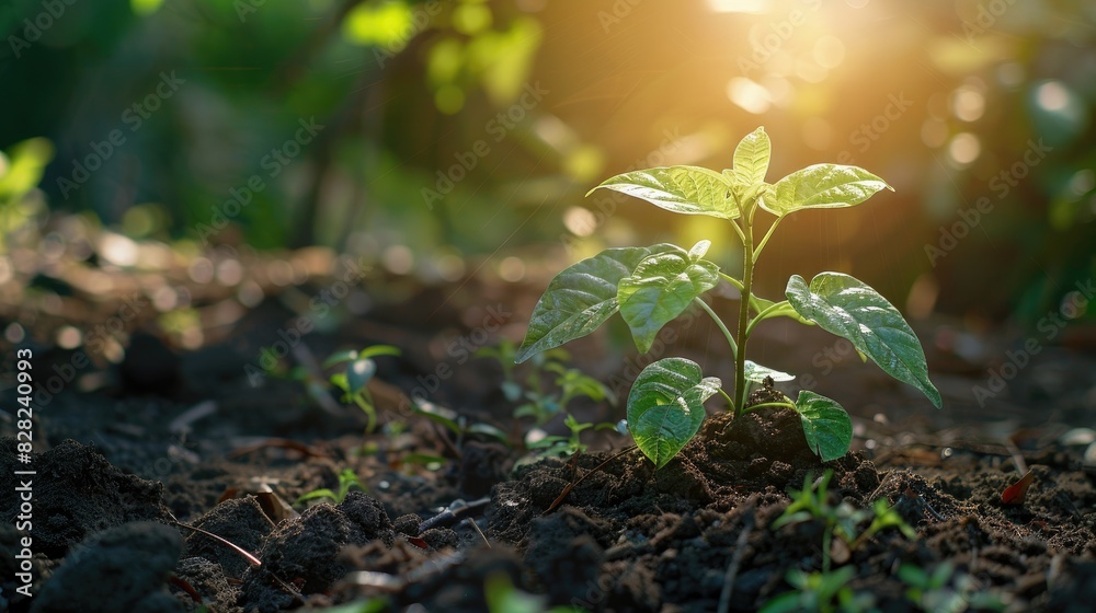 A small tree growing in the ground, its leaves catching the sunlight, representing hope, growth, and the beauty of nature's cycles A small tree growing in the ground, its leaves catching the sunlight, representing hope, growth, and the beauty of nature's cycles