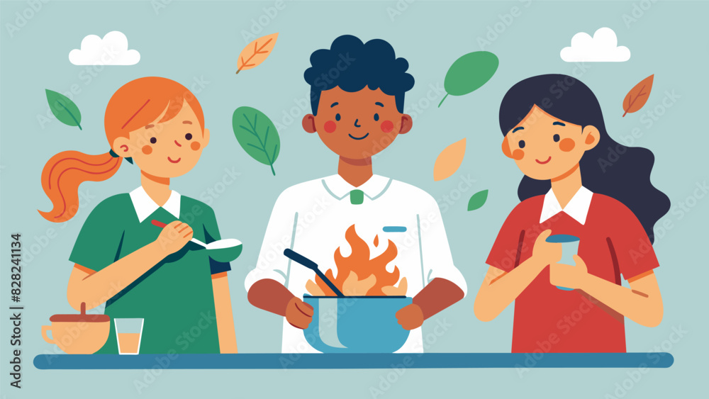 Students are encouraged to use all their senses while cooking from the sound of sizzling to the vibrant colors of fresh herbs and es.. Vector illustration Students are encouraged to use all their senses while cooking from the sound of sizzling to the vibrant colors of fresh herbs and es.. Vector illustration