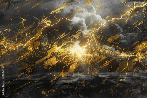 Dynamic clash of graphite and gold bolts over a patriotic themed abstract.