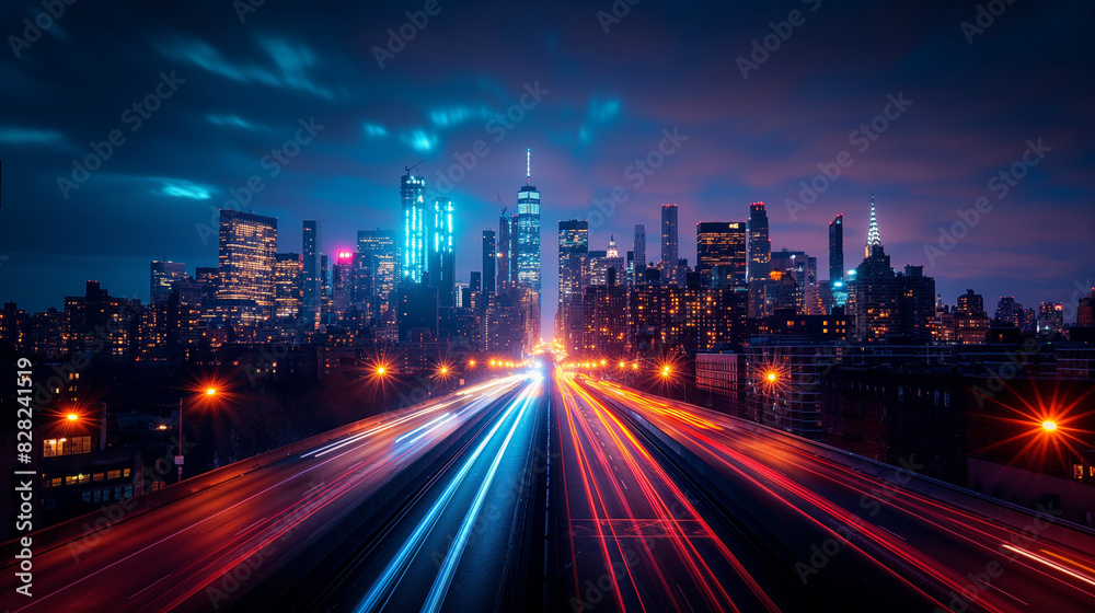 Long Exposure Shot Of New York With City Lights.