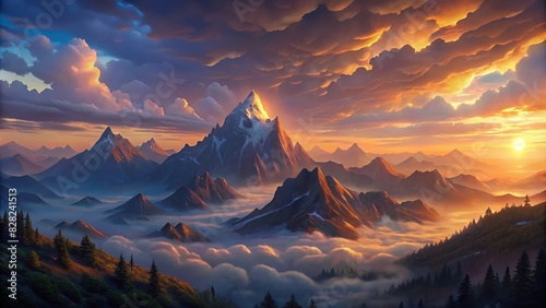 Sunset over a serene mountain landscape with clouds kissing the peaks, glowing with warm light photo