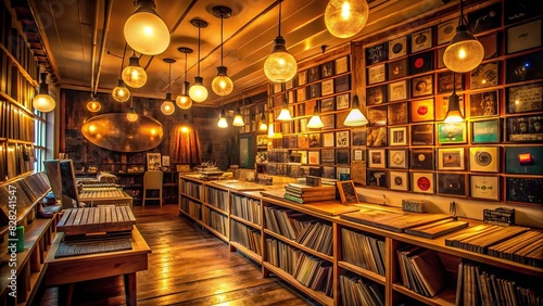 Vintage record store with warm lighting showcasing a collection of vinyl records