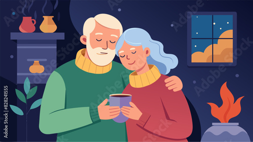A cozy elderly couple cuddling up by the fireplace savoring a cup of herbal tea.. Vector illustration