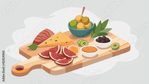 An elegant charcuterie board showcasing an assortment of cured meats olives artisanal crackers and a dollop of tangy fig jam arranged on a sleek marble. Vector illustration