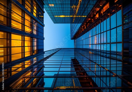 Building in the evening  low angle view  skyscrapers  blue sky  wide angle lens  telephoto lens  reflection of buildings on glass windows