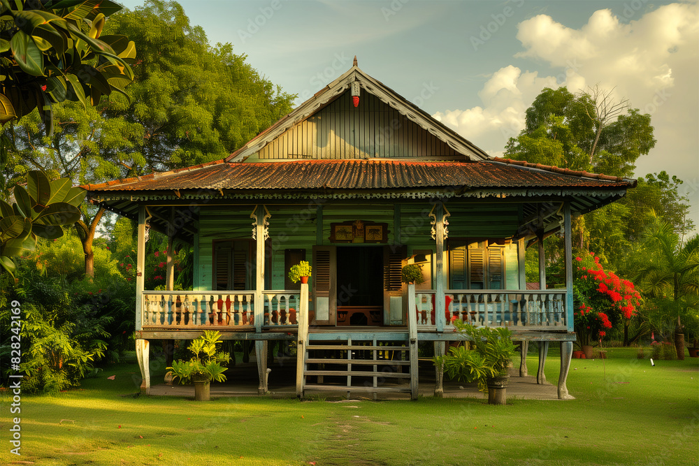 An AI generative image of rumah kampung with nature during golden hour An AI generative image of rumah kampung with nature during golden hour