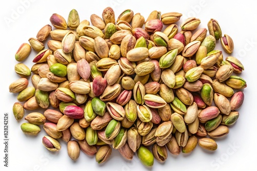 raw unshelled pistachios scattered on white background top view