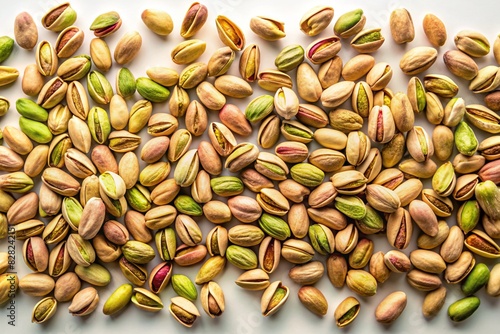 raw unshelled pistachios scattered on white background top view