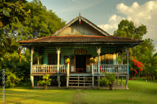 An AI generative image of rumah kampung with nature during golden hour photo