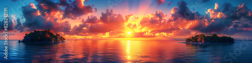 landscape with islands at sunset, panorama view of sunrise, dawn or dusk. Wall Art Poster Print Design for Home Decor, Decoration Artwork, High Resolution Wallpaper and Background for Computer