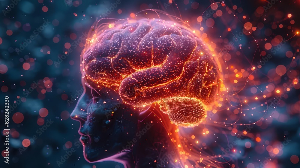 A digital art piece showing the human brain with neural pathways illustrated as glowing circuits and connections A digital art piece showing the human brain with neural pathways illustrated as glowing circuits and connections