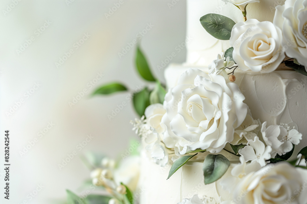 White Blossoms: Intimate View of Wedding Cake with Floral Adornments - Space for Text - Clean composition, Ample Negative Space - classic wedding aesthetics - stunning bridal photography White Blossoms: Intimate View of Wedding Cake with Floral Adornments - Space for Text - Clean composition, Ample Negative Space - classic wedding aesthetics - stunning bridal photography