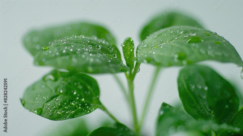 Fototapeta premium Close-up of a sprouting seedling with dewdrops on its leaves, highlighting the freshness of new growth, on a white background