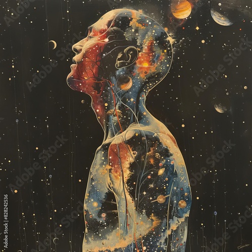 Abstract painting of a man with a universe inside him, looking up at the stars.