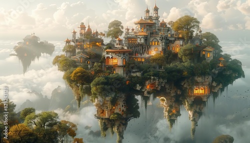 A surreal floating city with illuminated buildings, greenery, and clouds. Magical and enchanting fantasy landscape in the sky.