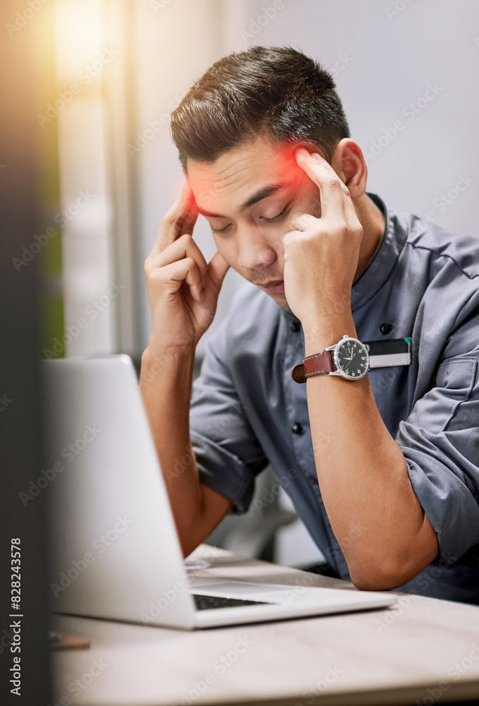 Anxiety, laptop and Asian man in office with headache for 404 glitch, internet error and hospitality business. Computer, mistake and frustrated male chef in workplace for restaurant debt and tax fail Anxiety, laptop and Asian man in office with headache for 404 glitch, internet error and hospitality business. Computer, mistake and frustrated male chef in workplace for restaurant debt and tax fail