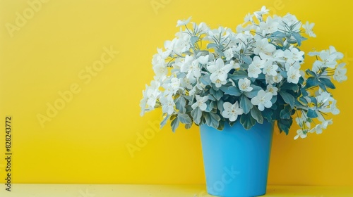 Colorful Summer Concept White Ghost Euphorbia lactea in Blue Hue on Yellow Backdrop photo