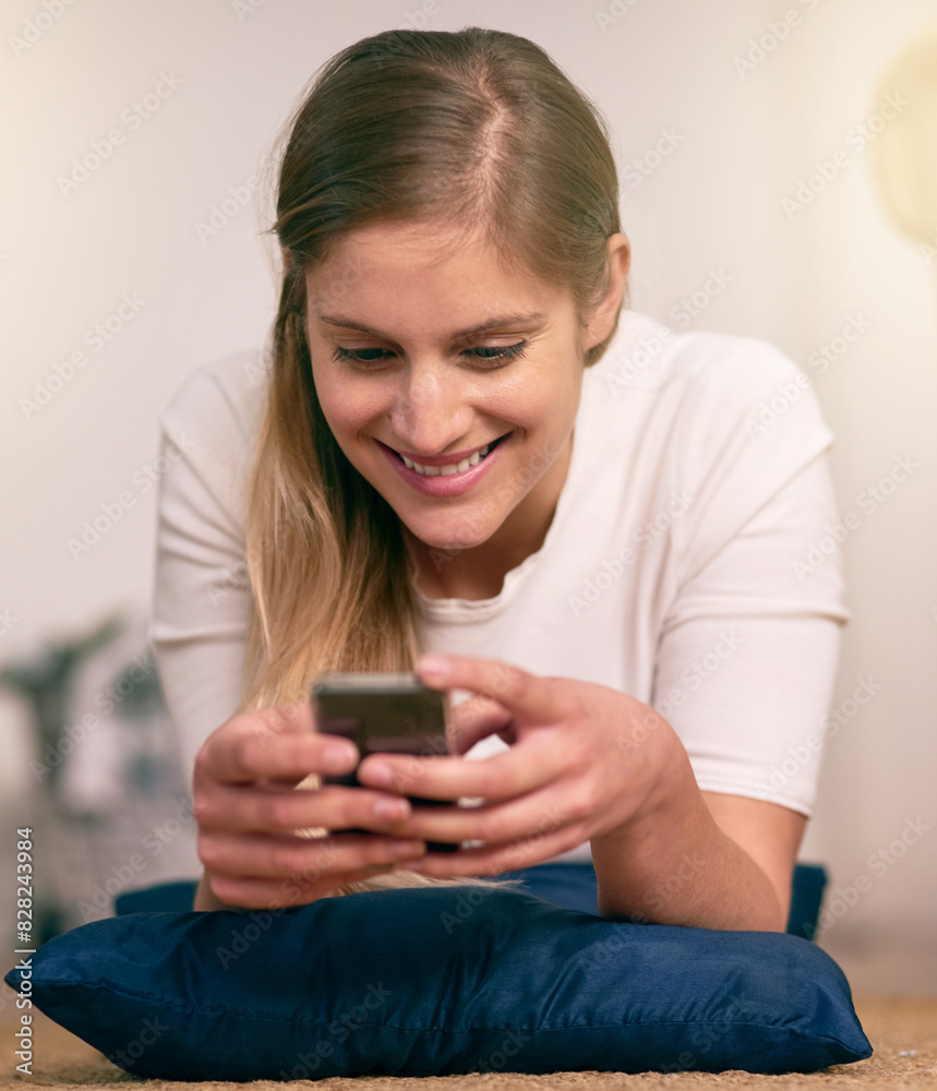Home, woman and smile on smartphone for social media, networking and communication. Female person, happy and online or internet dating with mobile app, website and satisfied with text or message Home, woman and smile on smartphone for social media, networking and communication. Female person, happy and online or internet dating with mobile app, website and satisfied with text or message