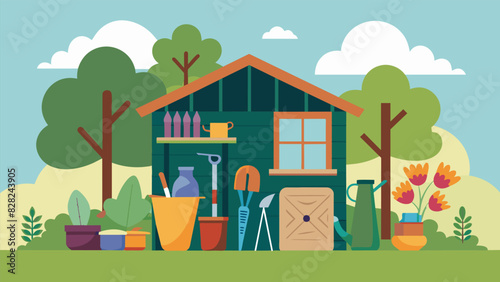 A communal garden shed filled with tools and supplies where seniors gather to plan their next gardening project.. Vector illustration