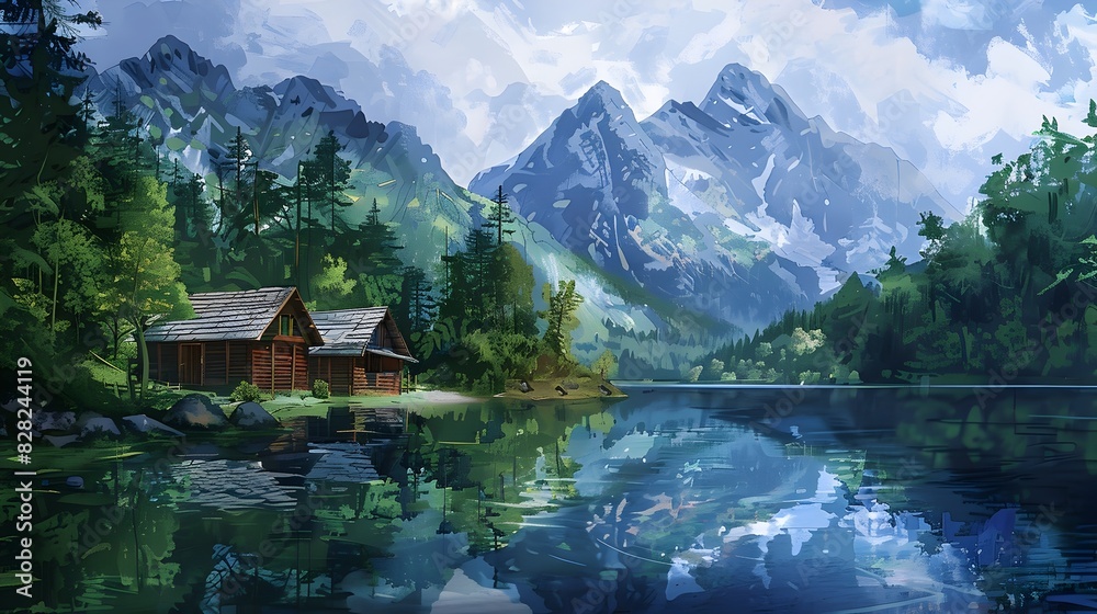 Fototapeta premium Serene Lakeside Cabin Nestled Amidst Towering Alpine Peaks and Lush Evergreen Forests