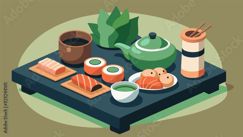 A traditional Japanese tea set p on a low table with a selection of sushi rolls and edamame for a light and tasty afternoon snack.. Vector illustration